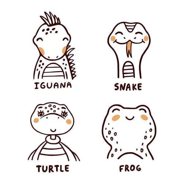 Iguana Snake Turtle Frog Childish Vector Illustrations Set White Background — Stock Vector