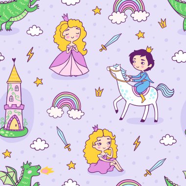 Prens ve prenses soyut, kusursuz desenler hakkında bir peri masalı. Mor arkaplanda Rapunzel hikaye vektör resimleri.
