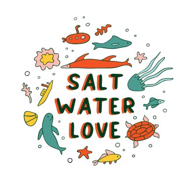 Salt Water Love düz konsept vektör çizimi. Deniz hayvanları çizgi film karakterleri dizayn için beyazlar üzerinde. Doğa koruma yaratıcı bir fikir.