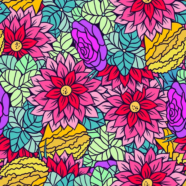五彩斑斓的花朵和鲜叶抽象无缝图案 夏园植物开花矢量图像为背景 手绘漫画装饰品 — 图库矢量图片
