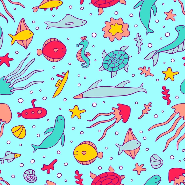 海水中生活抽象的なシームレスなパターン 青い背景に子供のベクトル画像のためのかわいい海の動物 手描きの漫画のアイコン — ストックベクタ
