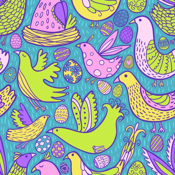 民谣风格的鸟蛋复活节抽象无缝图案 蓝色背景上的彩色矢量图像 手绘漫画图标装饰品 — 图库矢量图片