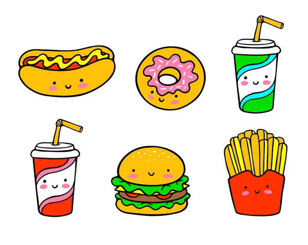 有趣的快餐和饮料人物配色图标设置 有可爱笑容的受欢迎小吃 幼稚孤立的病媒图解 手绘图像 — 图库矢量图片