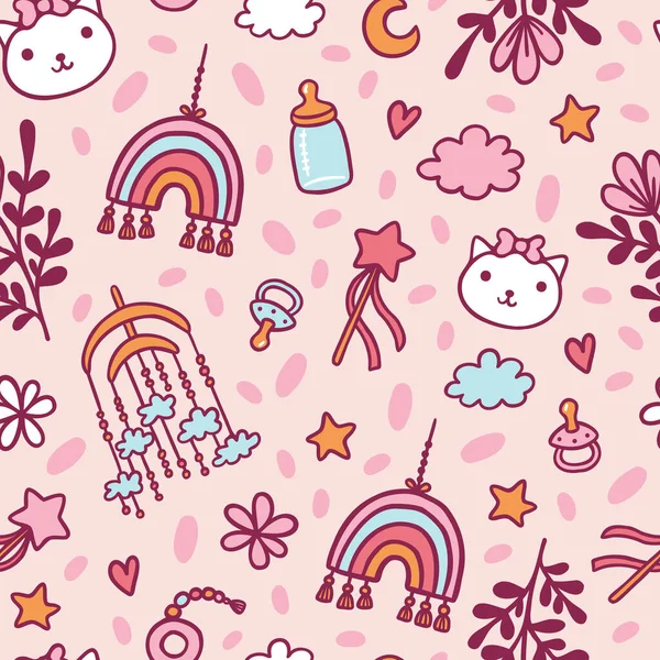 ベビールームの装飾抽象的なシームレスなパターン ピンクの背景におもちゃの花やアクセサリーベクトル画像 漫画のカラーアイコンのデザイン — ストックベクタ