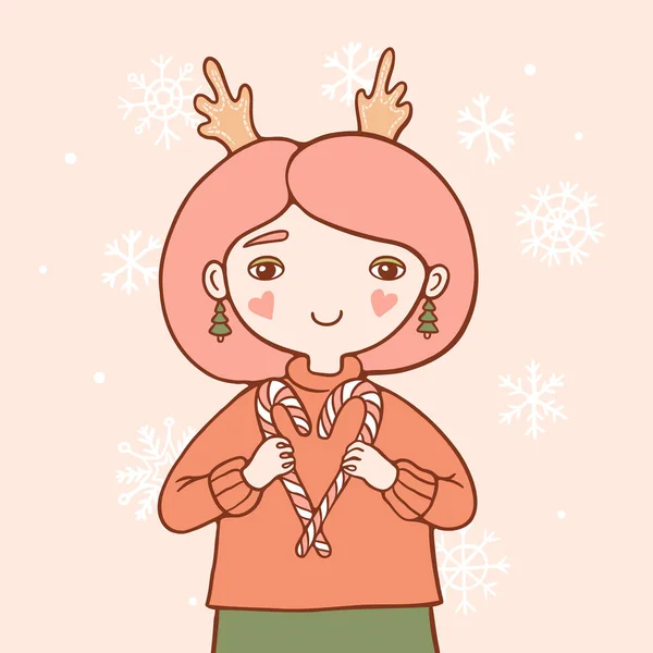 快乐的女人与糖果手杖和圣诞装饰扁平的色彩矢量插图 米色背景上有雪花的女卡通人物 — 图库矢量图片
