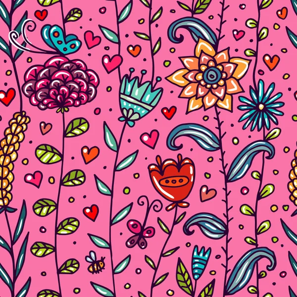 草原の花や蝶の抽象的なシームレスなパターン ピンクの背景に花や昆虫のベクター画像 漫画のアイコンデザイン — ストックベクタ