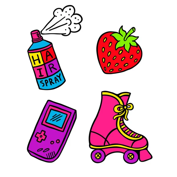 有乐趣在90年代的色彩图标设置 发胶草莓花生酱和溜冰鞋滚筒隔离病媒图解 填充线图 — 图库矢量图片