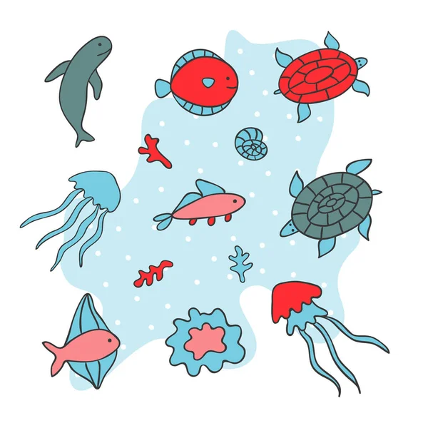 Cute Habitate Ocean Culoare Icoane Set Pești Animale Plante Ilustrații — Vector de stoc