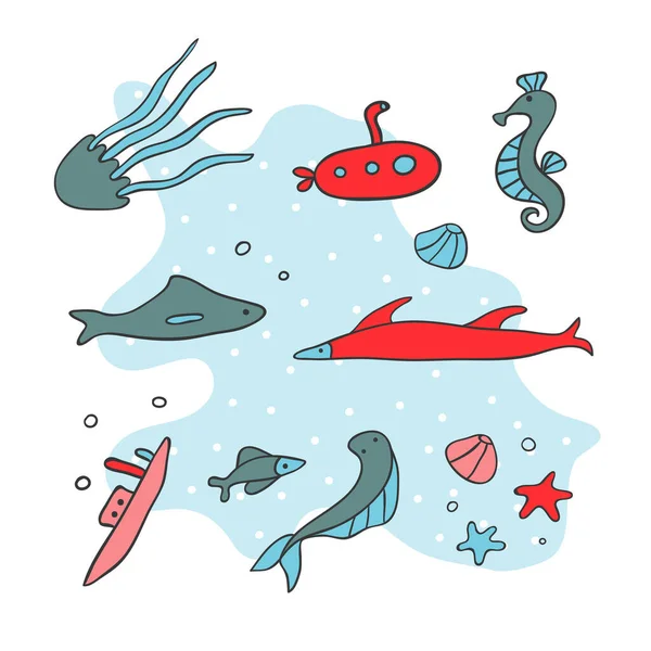 Underwater Sea Life Color Icons Set Exotic Ocean Fauna Ships — Stock Vector