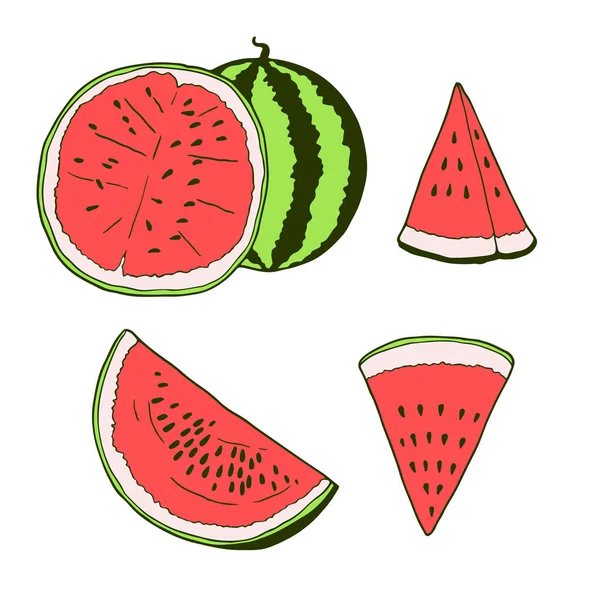 Heerlijk Geheel Gesneden Watermeloen Plakjes Kleur Pictogrammen Set Zoete Sappige — Stockvector