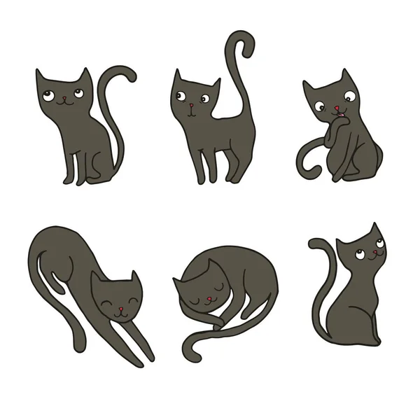 異なるポーズカラーアイコンで黒猫が設定されています 愛らしい子猫の国内コンパニオン孤立ベクトルイラスト — ストックベクタ