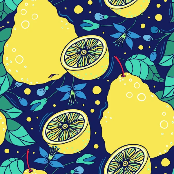 Lemon Halves Pears Flowers Abstract Seamless Pattern Delicious Fruits Leaves — Stock Vector