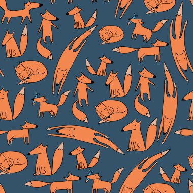 Farklı şekillerdeki komik tilkiler soyut ve pürüzsüz pozlar verirler. Vahşi av hayvanları koyu yeşil arka planda görüntüler oluşturur. El çizimi çizgi film renk simgeleri