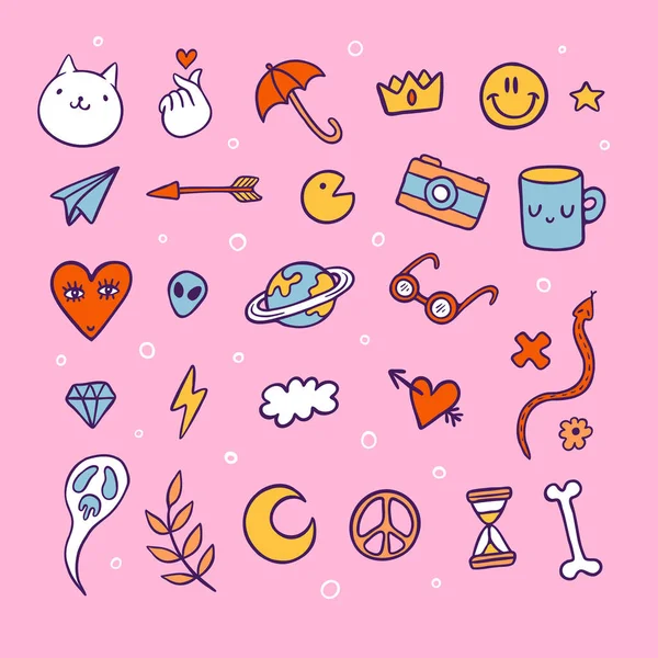 Moderne Icone Colori Disegnate Mano Adesivi Impostati Sfondo Rosa Emoji — Vettoriale Stock