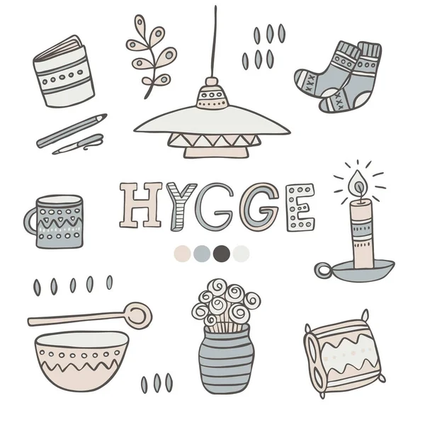 Hygge Lifestyle Handgezeichnete Farbsymbole Set Stimmung Der Gemütlichkeit Und Wohlfühlgefühle — Stockvektor