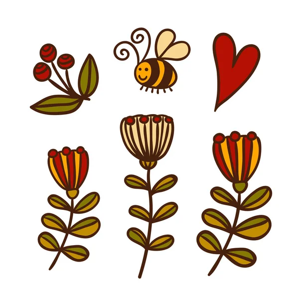 森林植物和蜜蜂的颜色图标设置在白色背景上 独特的野生动植物和昆虫手绘平面病媒图解 填充行图像 — 图库矢量图片