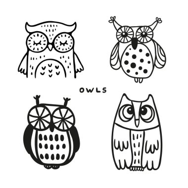 Cute hand drawn owls linear icons set. Wild carnivore birds thin line symbols. Childish animal images. Isolated vector outline illustrations clipart