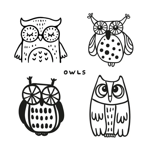 Cute Hand Drawn Owls Linear Icons Set Wild Carnivore Birds — Stock Vector