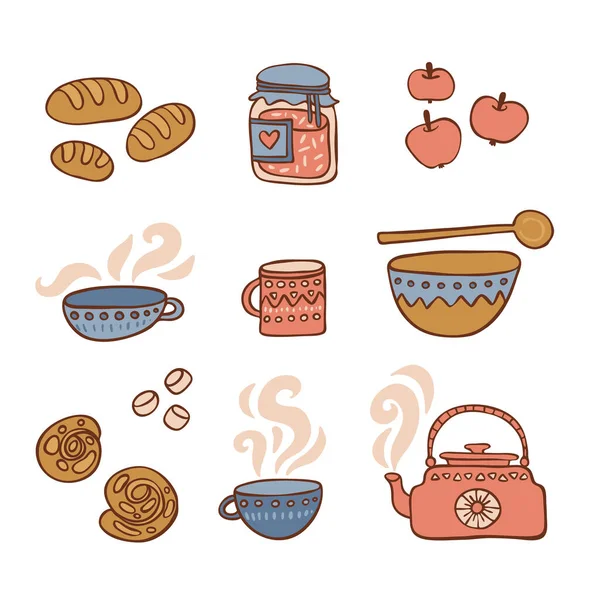 Getränke Und Warmes Essen Handgezeichnete Farbsymbole Gesetzt Tee Mit Snacks — Stockvektor