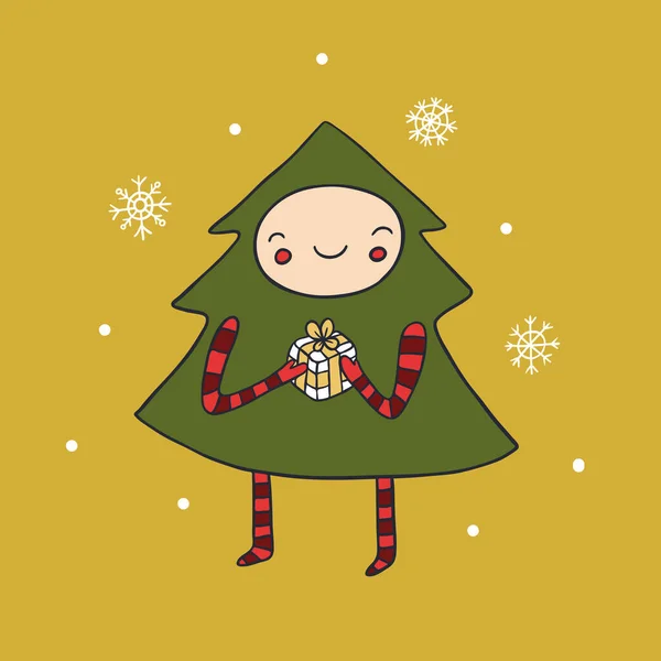 ギフトボックスフラットカラーベクターキャラクターを保持するクリスマスツリー パーティーの衣装を着て新年パーティーに出席 漫画スタイルイラスト ロイヤリティフリーのストックイラスト