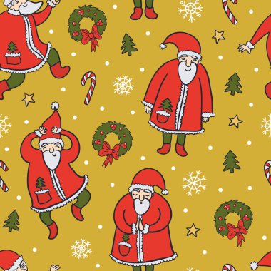 Noel Baba 'lar ve Noel eşyaları soyut, kusursuz desenler. Kış tatillerinde altın arka planda eğlenceli vektör görüntüleri. Kağıt tasarımı paketleniyor