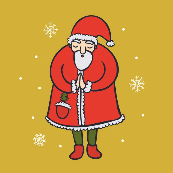 圣诞老人手牵着手祈祷 手势呈扁平的彩色矢量形象 愿黄色的圣诞海报平静祥和 涂鸦卡通画风格说明 免版税图库矢量图片