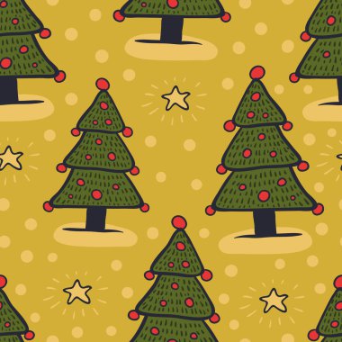 Dekore edilmiş Noel ağaçları ve yıldızlar soyut ve pürüzsüz desenler. Sarı arka planda vektör resimleri olan yeni yıl süsü. Karalama ambalaj kağıdı