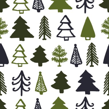 Farklı köknar ağaçları soyut, dikişsiz desenler. Beyaz arka planda kozalaklı ağaçlarla süslenmiş Noel süsü. Karalama ambalaj kağıdı