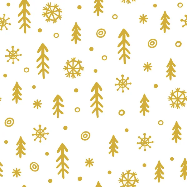 クリスマスの休日は抽象的なシームレスなパターン ゴールデンファイヤーの木と白い背景にスノーフレークのベクター画像 ドードルラッピング紙 ストックイラスト