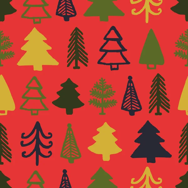有趣的圣诞树抽象无缝图案 冬季假期贺卡设计矢量图像红色背景 涂鸦包装纸 图库插图
