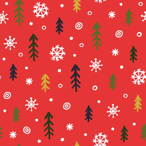 圣诞树和雪花构成了抽象的无缝图案 可爱的新年明信片与矢量图像的红色背景 涂鸦包装纸 矢量图形