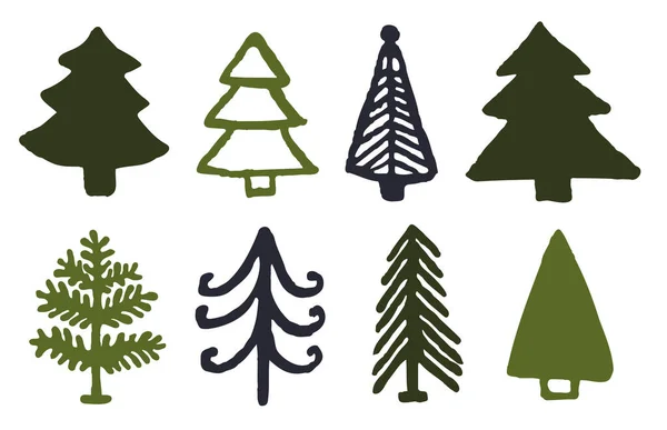 Kerstbomen Kleur Pictogrammen Ingesteld Witte Achtergrond Nieuwjaar Ornament Doodle Platte Stockvector