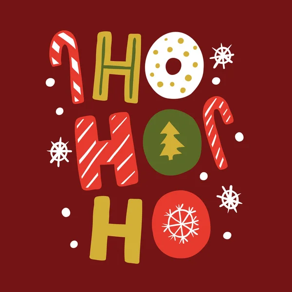 用红色背景横幅设计的姜汁和糖果手杖组成的短语何浩浩 等待圣诞老人来访的想法 Doodle节日海报 矢量图形