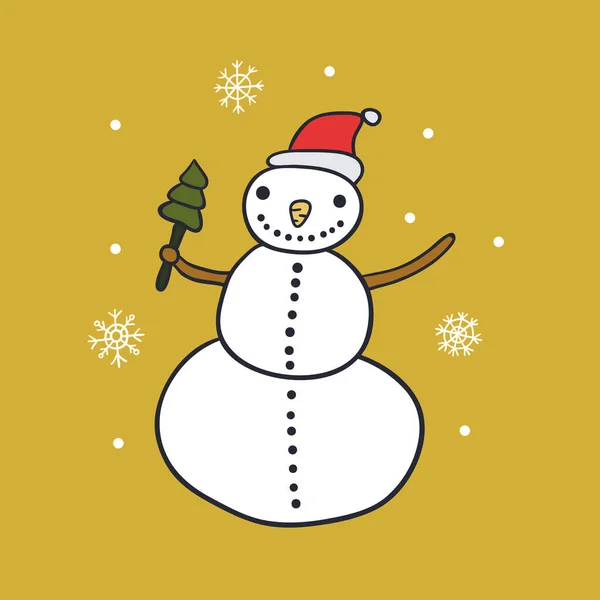 スノーマンはロリポップフラットカラーベクター画像を保持しています 黄色のクリスマスのお祝いと楽しい時間のポスター ドードル漫画スタイルイラスト ストックベクター