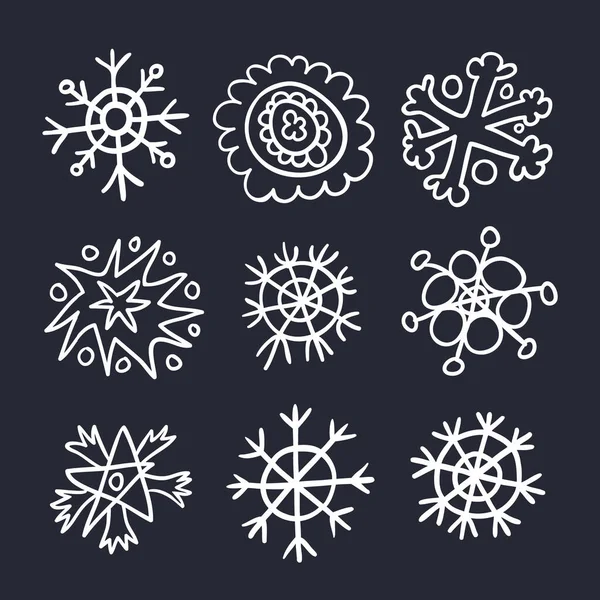 Sneeuwvlokken Getekend Kinderachtige Stijl Lineaire Pictogrammen Ingesteld Wintertijd Kerst Ornament Rechtenvrije Stockillustraties