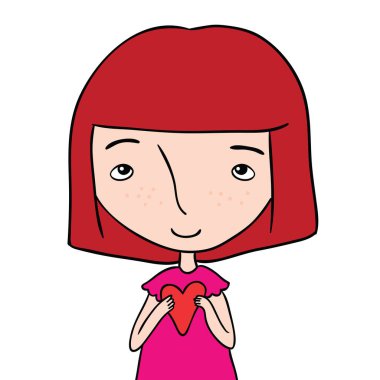 Pembe elbiseli, çekici kızıl saçlı bir kız, sevgiyi ve sıcaklığı sembolize eden göğsüne yakın bir kalp taşıyor. Bu basit ama anlamlı illüstrasyon nezaket, ilgi ve şefkat taşır..