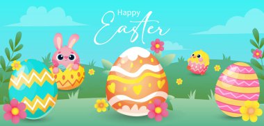 Paskalya bayrağınız kutlu olsun. Yumurtalı Paskalya tasarımı, pastel renkli tavşan. Modern vektör illüstrasyonu. peyzaj posteri, tebrik kartı, web sitesi başlığı
