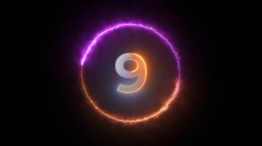 Mor ve turuncu bir ışık halkasının ortasında parlayan beyaz bir 9 numara belirir. Yüzük titreyen ışıktan yapılmış, ona dinamik ve enerjik bir his veriyor. Arka plan siyah, ışığı daha da öne çıkarıyor..