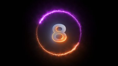 Sekiz sayısının, gümüş-beyaz renkte yapılmış dijital bir canlandırması dairesel bir çerçeve içinde sergilenmektedir. Dairesel çerçeve canlı mor ve turuncu ışıkla parlar. Arkaplan siyah bir boşluk.