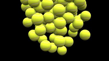Bir dizi tenis topunun siyah arka plana düşüşünün büyüleyici yavaş çekim videosu. Toplar zıplıyor ve çarpışıyor, büyüleyici bir görsel manzara yaratıyor..