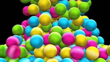 Siyah bir arkaplana karşı çağlayan gibi görünen, geniş renkli küreler koleksiyonunu gösteren dijital bir resim. Küreler kaotik ama büyüleyici bir şablon içinde dizilmiş, sarı, pembe, yeşil ve mavi tonlarıyla bir v oluşturuyorlar.