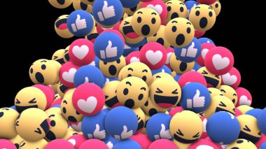 Çok sayıda renkli emoji simgesini gösteren dijital bir resim. Emojiler arasında mutlu, şaşırmış, kahkaha atan ve kalp şeklindeki ikonlar gibi çeşitli ifadeler yer alarak, bir kutlama veya olumlu çevrimiçi etkileşimlerin bir telaş göstergesi olarak gösteriliyor. Resim yakalama