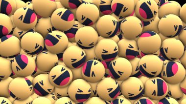 Sarı emoji kürelerinden oluşan geniş bir grubun yakın çekim görüntüsü, hepsi de geniş gözlü, gülen bir ifadeyle. Emojiler üst üste yığılmış, mutluluk ve sosyal bağları çağrıştıran görsel olarak canlandırıcı ve komik bir sahne yaratıyorlar..