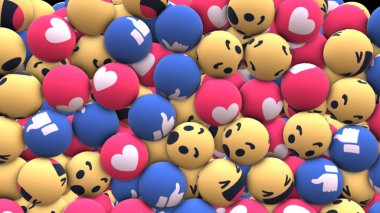 Çeşitli sosyal medya emojilerini temsil eden renkli kürelerin kaotik bir koleksiyonunun yer aldığı soyut bir dijital resim. Küreler ağırlıklı olarak sarı, mavi, kırmızı ve beyazdır. Her biri gülen bir yüz, kalp, başparmak gibi farklı bir ifade sergiler.