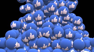 Sosyal medyadan alınan ezici popülerlik ve olumlu geri bildirimi sembolize eden mavi başparmaklı simgelerin dijital bir çizimi. Simgeler bir yığın halinde dizilmiş, beğenin ve sevginin gücünün dinamik bir görsel temsilini oluşturuyorlar. 