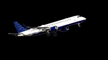 Beyaza boyanmış, mavi aksanlı ticari bir uçak, siyah bir arkaplana karşı zarafetle havaya yükseliyor. Motorlar kükrüyor, tekerlekler geri çekiliyor..