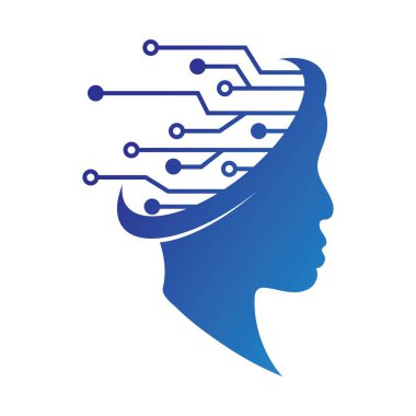 Yapay zeka ve insan yüzü logosu şablonu. Devre elektronik ızgarası ve iletişim vektör tasarımı.