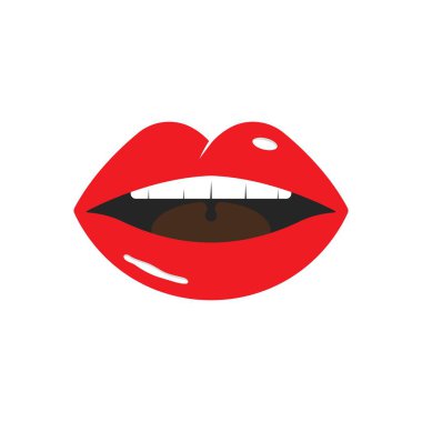 Farklı duyguları olan seksi kadın dudaklarının vektör çizimi. Bir öpücük, gülümseme, dil ve diş ile beyaz arka planda izole edilmiş bir kadın ağzı..