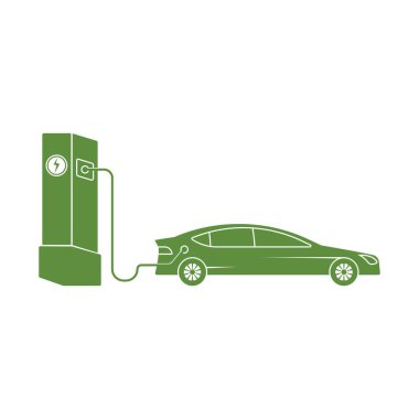 Elektrikli otomobil ve elektrik şarj istasyonu sembol simge, vektör çizim