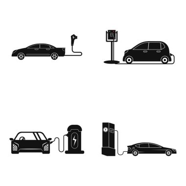 Elektrikli otomobil ve elektrik şarj istasyonu sembol simge, vektör çizim
